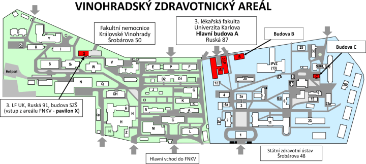 Mapa areálu FNKV, 3. LF a SZÚ