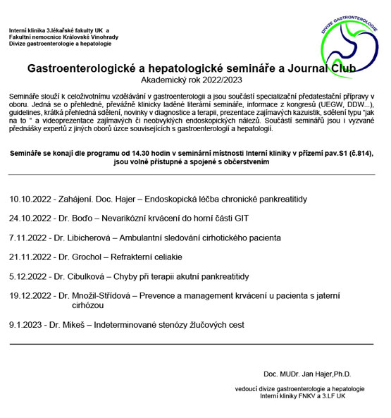 Gastroenterologické semináře a Journal Club, zimní semestr 2022/2023