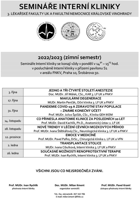 Program Seminářů interní kliniky na zimní semestr 2022/2023